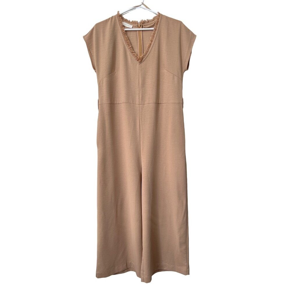 All Row Fringe V Neck Cropped Jumpsuit Size Small Sleeveless Tan Polyester Chic
